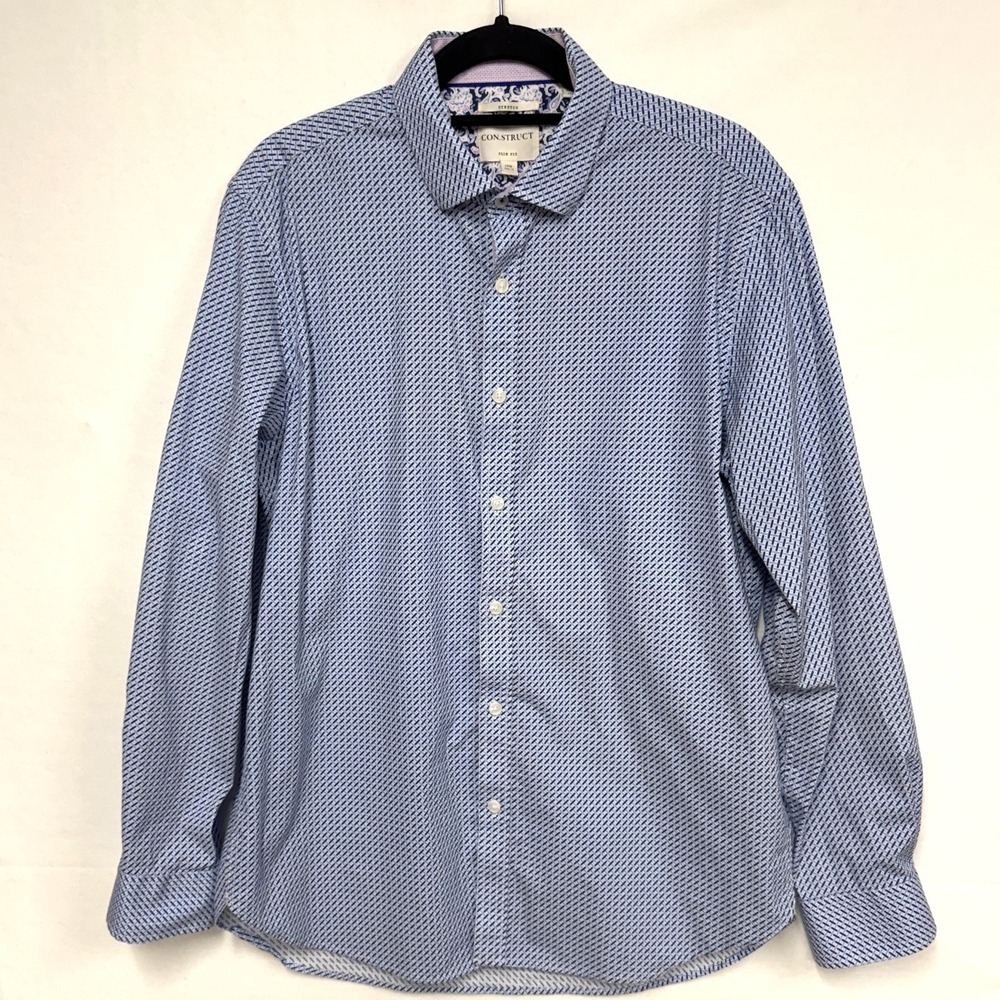 Con.struct Men's Button-up‎ Shirt, Sz 16.5 (34-35) Slim Fit Stretch Blue Pattern